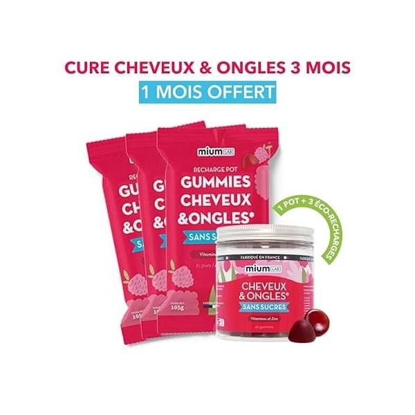 mium LAB - Complément Alimentaire Cheveux & Ongles Sans Sucre - Coffret x3 pots 21 Jours - Biotine - Gummies Goût Fruits Roug