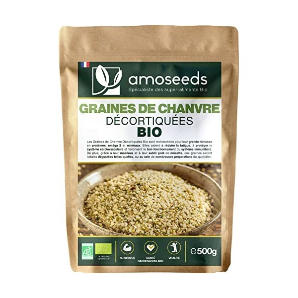 Graines de Chanvre Décortiquées Bio 500G | Origine EU, Protéines végétales, Anti-fatigue | Qualité Supérieure