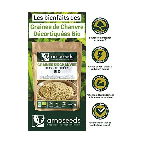 Graines de Chanvre Décortiquées Bio 500G | Origine EU, Protéines végétales, Anti-fatigue | Qualité Supérieure