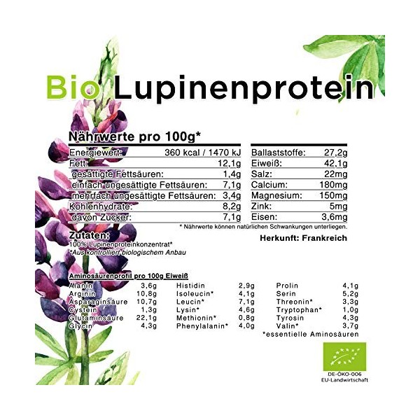 Protéines de loupe bio 1000 g assemblées en France en sucre, sans gluten, végétalien, sans additifs.
