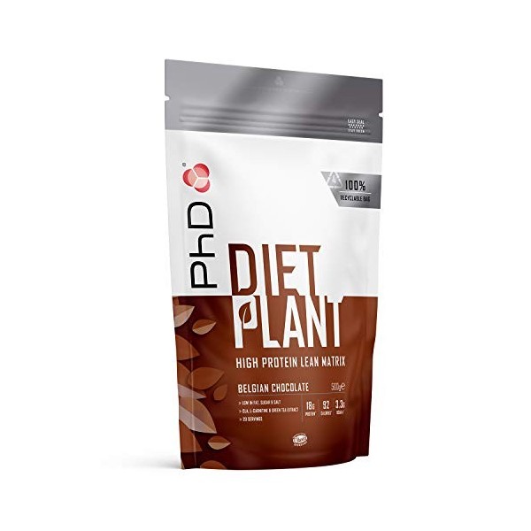 PhD Nutrition Diet Plant, Protéine Vegan pour Musculation et Prise de Masse, Goût Chocolat Belge, 18 g de protéines, 500 g 2