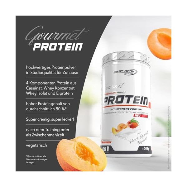 Best Body Nutrition Gourmet Premium Pro Protein, boîte de abricot et pêche, Shake protéiné à 4 composants: Caséinate, concent