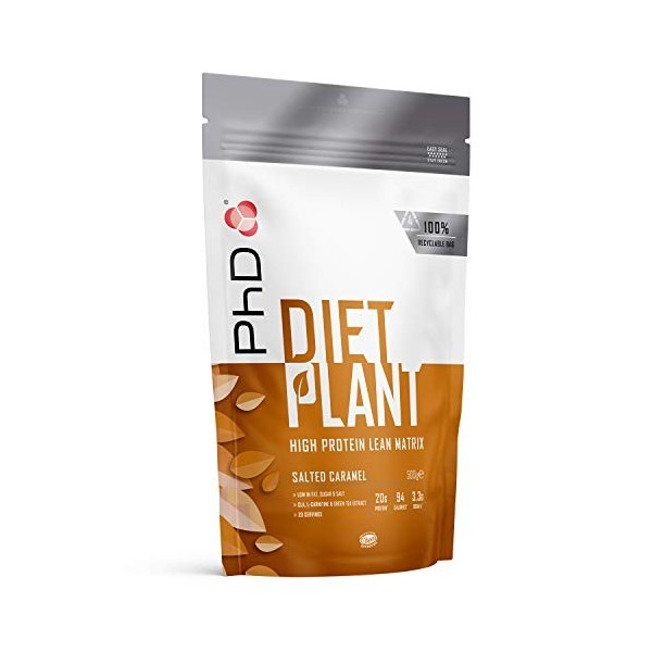 PhD Nutrition Diet Plant, Protéine Vegan pour Musculation et Prise de Masse, Goût Caramel au Beurre Salé, 20 g de protéines, 