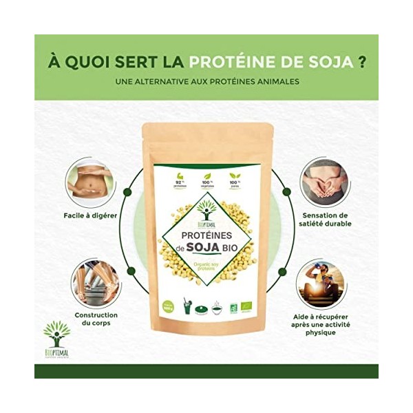 Protéine de Soja Bio - Bioptimal - 92% Protéines 17% BCAA - Haute Digestibilité - Energie Musculation - Poudre de Fève de Soj