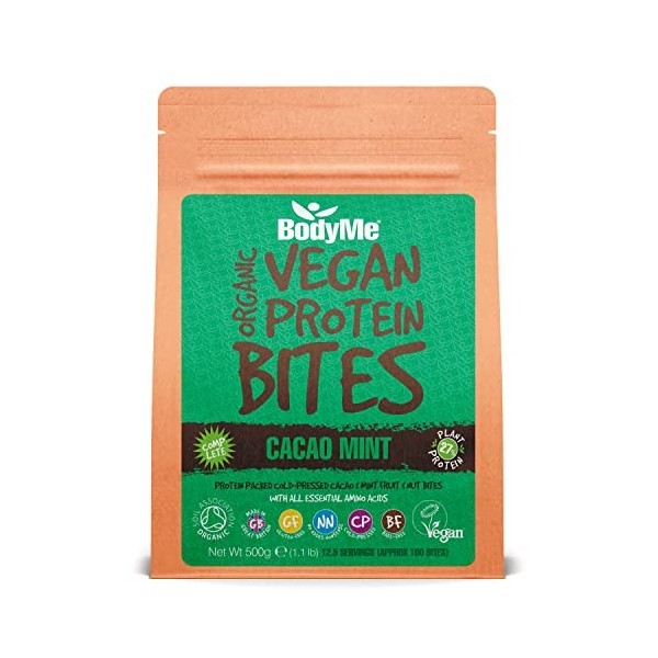 BODYME Bouchées de protéines végétaliennes bio - Cacao cru à la menthe - Avant et après lentraînement - Sans Gluten, Sans OG