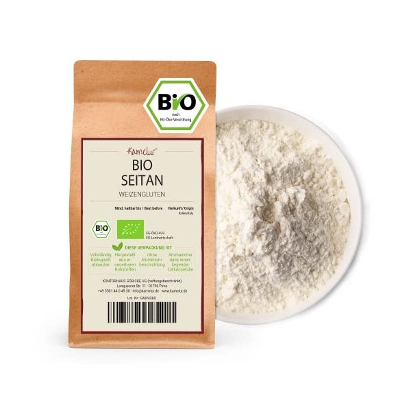 Kamelur poudre de seitan bio sans additifs, gluten de blé comme substitut de viande végétalien dans un emballage biodégradabl