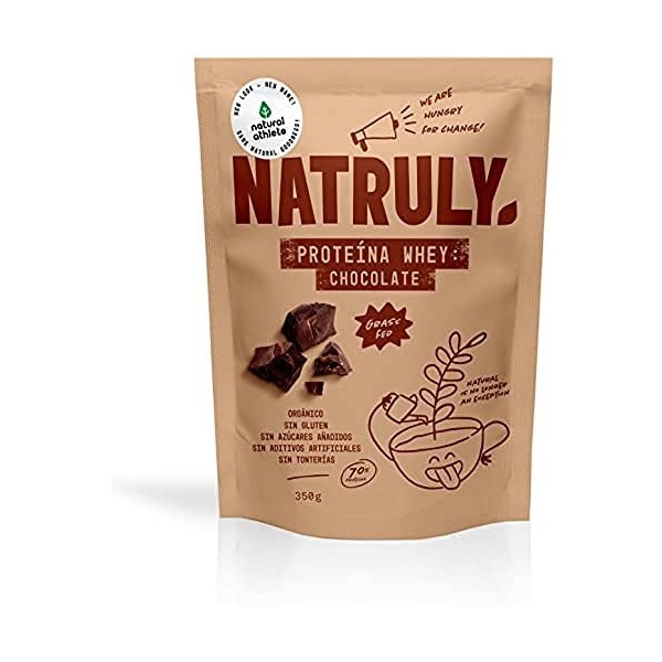 NATRULY Protéine Whey BIO Chocolat, 80% Isolat de Protéine de Lait de Vaches élevées au pâturage, Sans Sucre, 350 g