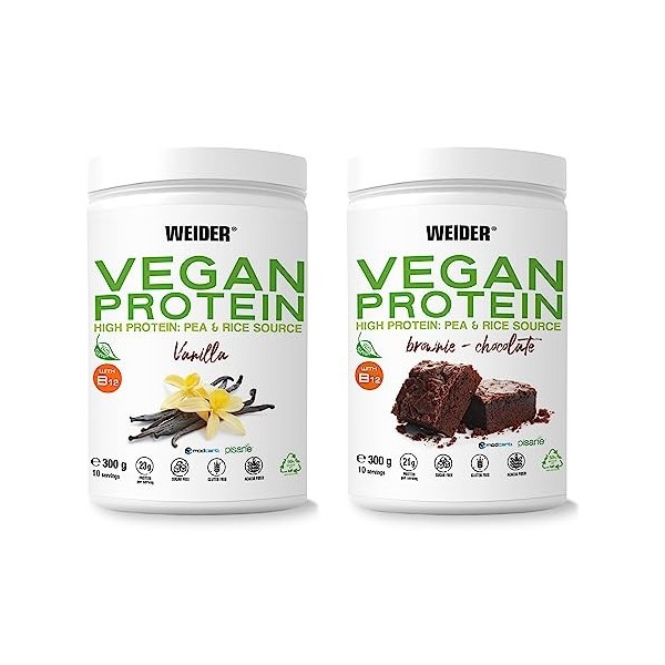 Weider Vegan Protein PACK DUO 2x300g Goût Vanille et Chocolat. Protéines 100% Vegetal dIsolat Pois & Riz. Avec Vitamine B1
