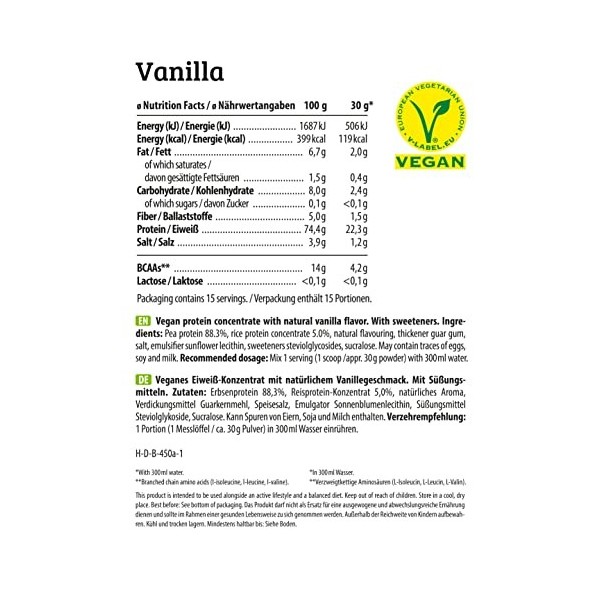 HEJ Natural Vegan 450 g Vanilla Protéine Végétarienne