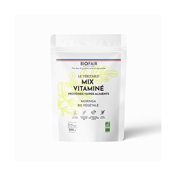 BIOFAIR NUTRITION - Mix protéine x Super aliments - Vitaminé Moringa - 500g /20 doses - 16 g protéine/dose - Vitamine B12 - M