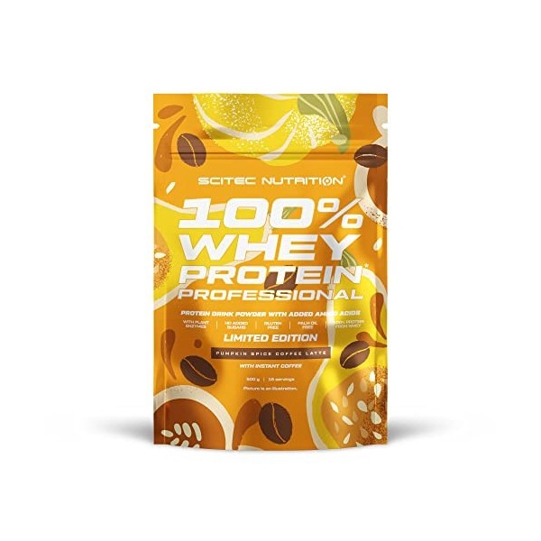 Scitec Nutrition 100% Whey Protein Professional avec des acides-aminés clés et des enzymes digestives, sans gluten, 500 g, Pu