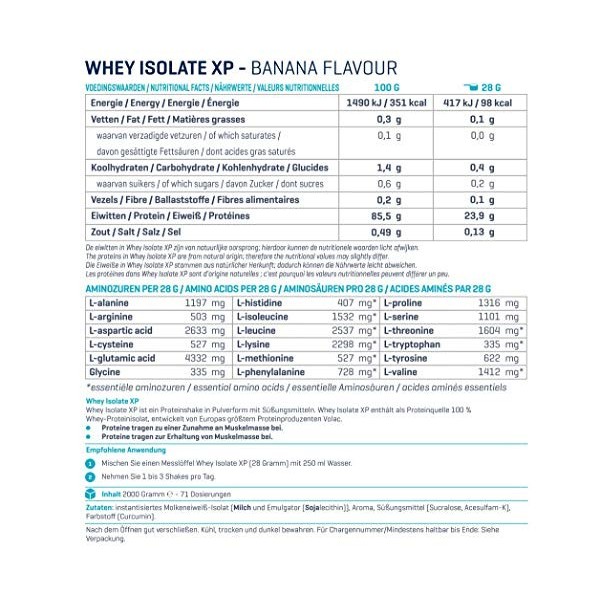 Body&Fit Whey Isolate XP - Isolat de Protéine de Whey de qualité supérieure - Pot de 750 gr - Goût: Banane