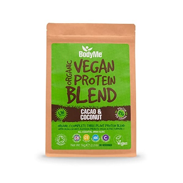 BodyMe Mélange Poudre Proteine Vegan Bio | Cru Cacao Coco | 1kg | NON SUCRE | Faible Glucide | Sans Gluten | 3 Proteines Vege