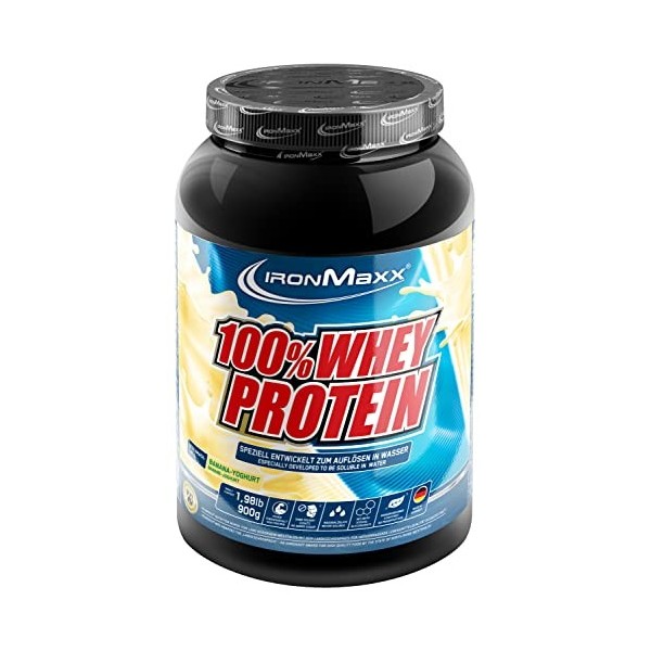 IronMaxx 100% Whey Protein - Protéines de Lactosérum en poudre, hydrosolubles - Banane et Yaourt - 1 x boîte de 900 g