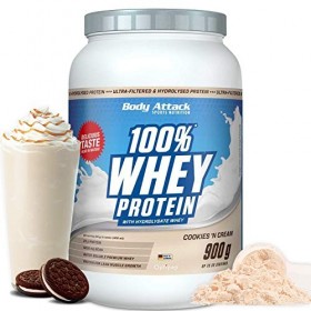 Body Attack 100% whey protéine, protéines musculation - protein powder crémeuse avec hydrolysat et BCAA, prise de masse et ré