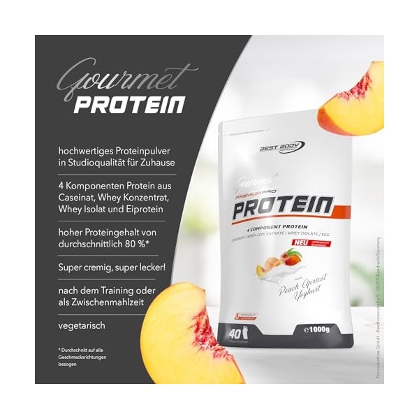 Best Body Nutrition Gourmet Premium Pro Protein, abricot et pêche, Shake protéiné à 4 composants: Caséinate, concentré de whe