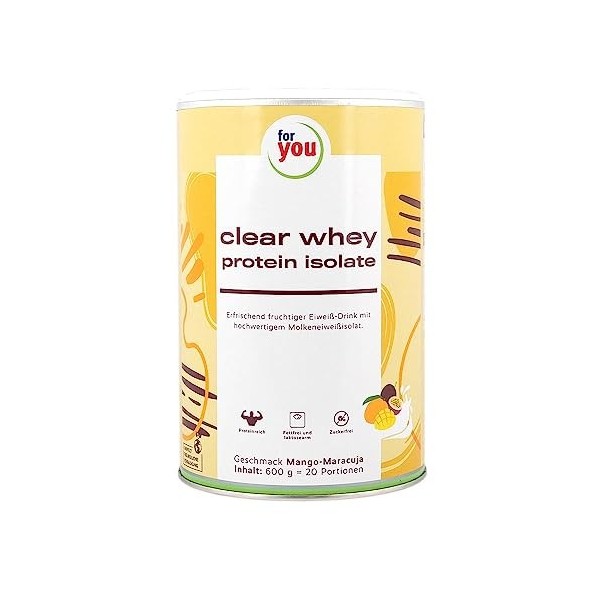 Clear Whey Protéine isolate de mangue Maracuja | 600 g 20 portions | Haute teneur en protéines de 94 %, faible en lactose, 