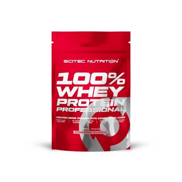 Scitec Nutrition 100% Whey Protein Professional avec des acides-aminés clés et des enzymes digestives, sans gluten, 1000 g, F