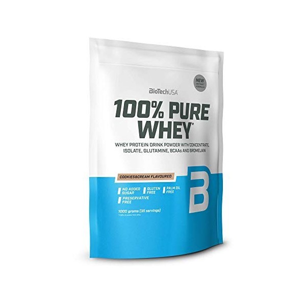 BioTechUSA 100% Pure Whey Complexe de protéines de lactosérum et de bromélaïne, avec des acides aminés, sans sucres ajoutés, 