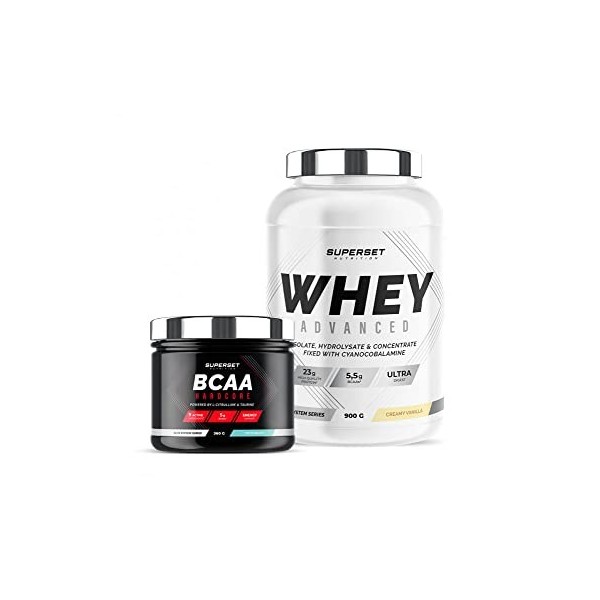Superset Nutrition | Programme Galbe Musculaire - 100% Whey Proteine Advanced 900g Vanille Crémeuse - Bcaa Hardcore Tutti Fru