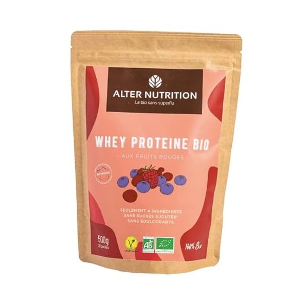 Whey Protéine Bio fruits rouges, Alter Nutrition, Poudre riche en protéines issues du petit lait, Arôme de fruits rouges, cra