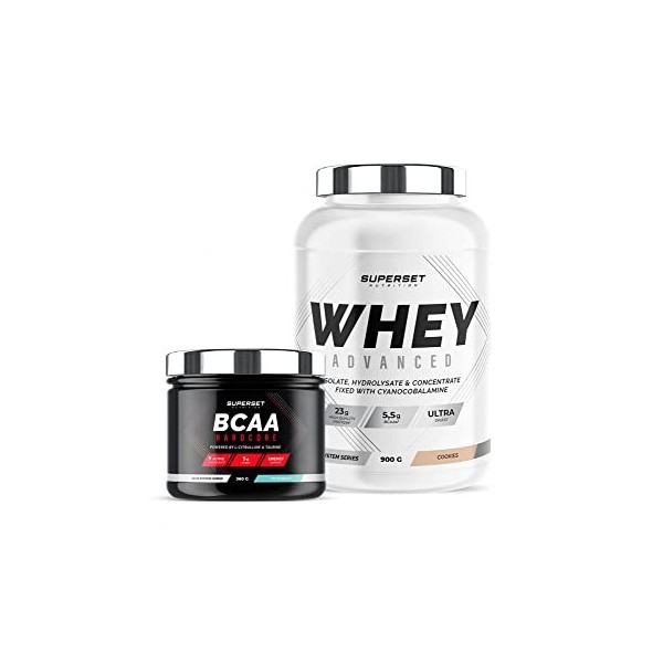 Superset Nutrition | Programme Galbe Musculaire - 100% Whey Proteine Advanced 900g Cookies - Bcaa Hardcore Tutti Frutti | Per