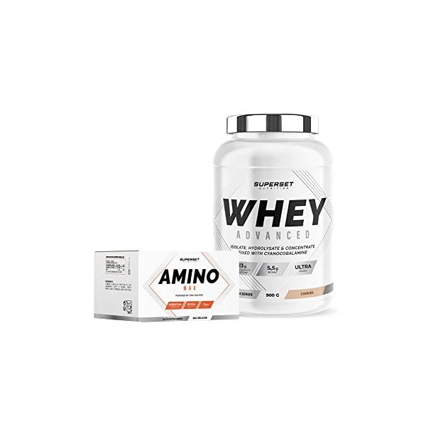 Superset Nutrition | Programme Prise De Muscle Sec Débutant - 100% Whey Proteine Advanced 900g Cookies - Amino Max | Gagne en