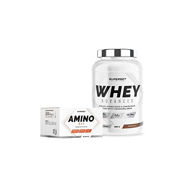 Superset Nutrition | Programme Prise De Muscle Sec Débutant - 100% Whey Proteine Advanced 900g Chocolat - Amino Max