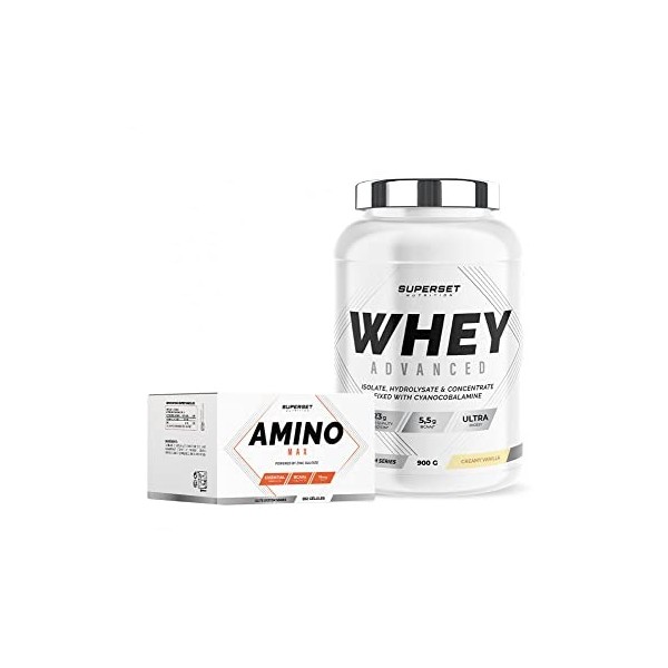 Superset Nutrition | Programme Prise De Muscle Sec Débutant - 100% Whey Proteine Advanced 900g Vanille Crémeuse - Amino Max