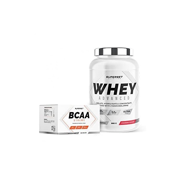 Superset Nutrition | Programme Muscle Recovery - 100% Whey Proteine Advanced 900g Fraise Yogourt - Bcaa Xtreme | Récupération