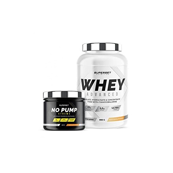 Superset Nutrition | Programme Fitness Energie - 100% Whey Proteine Advanced 900g Passion Chocolat Blanc - No Pump Xtreme Lon