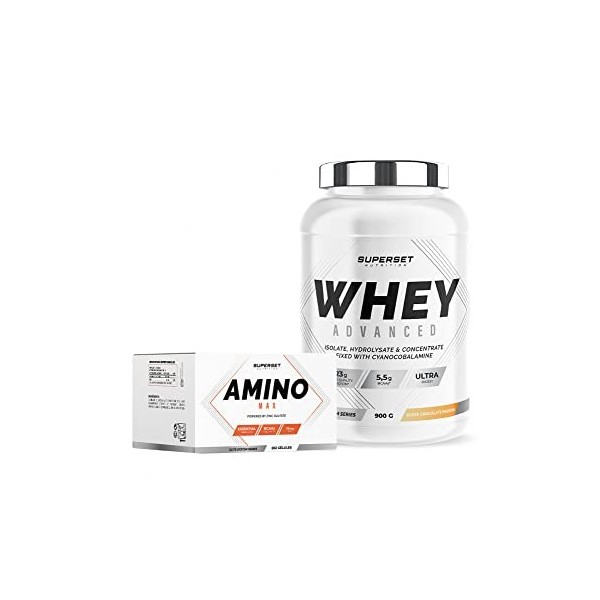 Superset Nutrition | Programme Prise De Muscle Sec Débutant - 100% Whey Proteine Advanced 900g Passion Chocolat Blanc - Amino