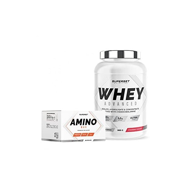 Superset Nutrition | Programme Prise De Muscle Sec Débutant - 100% Whey Proteine Advanced 900g Fraise Yogourt - Amino Max