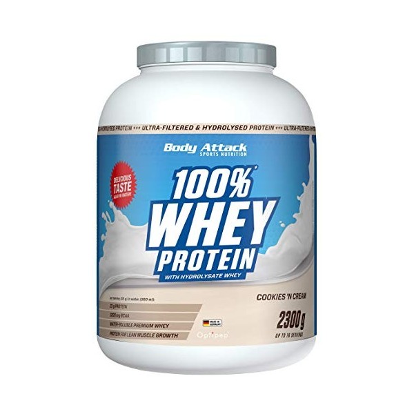Body Attack 100% whey protéine, protéines musculation-protein powder crémeuse avec hydrolysat et BCAA, prise de masse et régi
