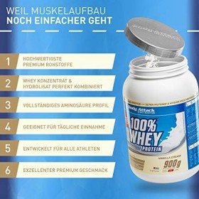 Body Attack 100% whey protéine, protéines musculation-protein powder crémeuse avec hydrolysat et BCAA, prise de masse et régi