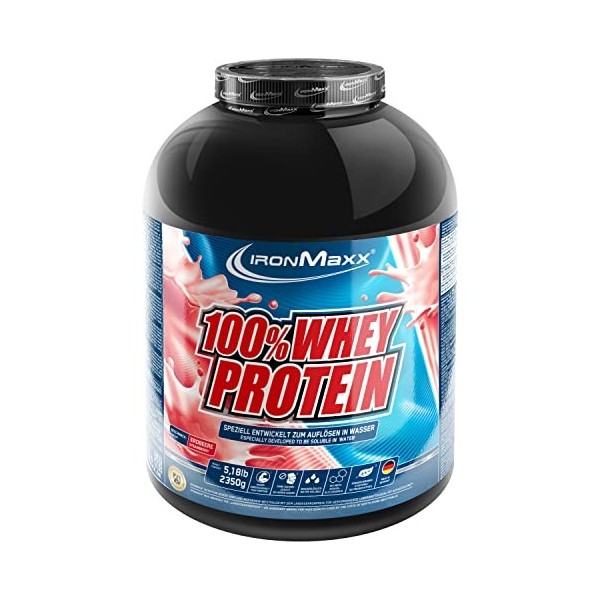 IronMaxx 100% Whey Protein - Protéines de Lactosérum en poudre, hydrosolubles - Goût Fraise - 1 x boîte de 2,35 kg