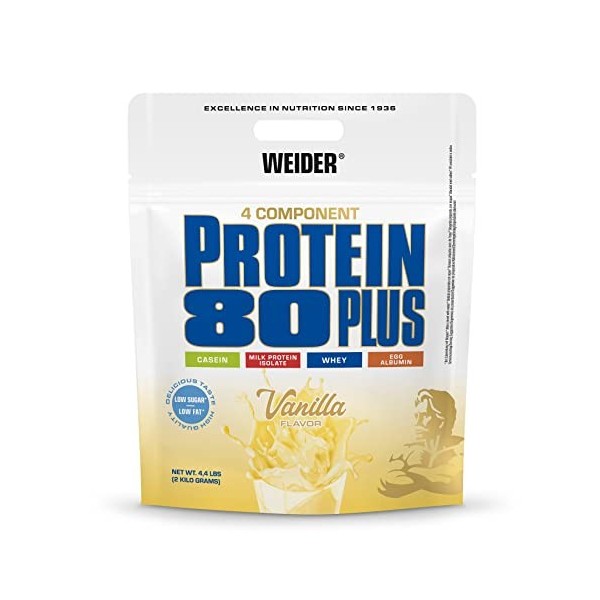 WEIDER Protein 80 Plus protéine en poudre, Vanille, faible teneur en glucides, mélange de lactosérum de caséine multi-composa