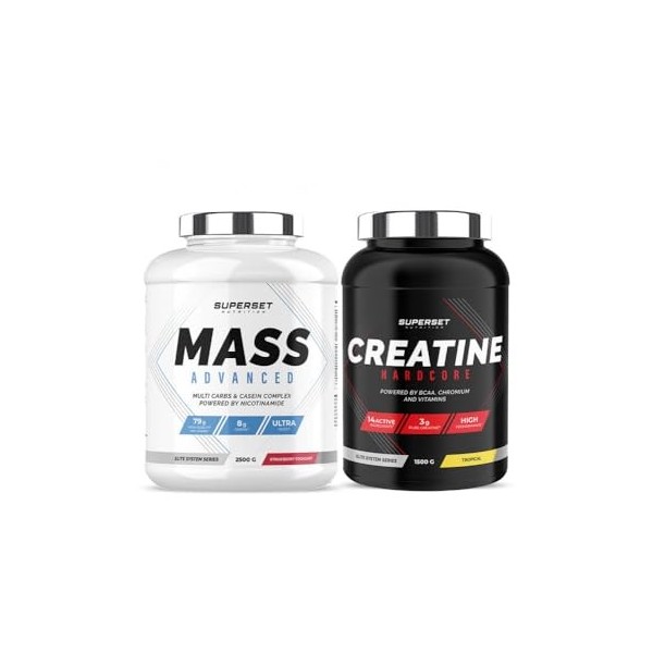 Superset Nutrition | Programme Prise De Masse Avancé - Mass Advanced 2,5kg Fraise Yogourt - Créatine Hardcore 1,5 Kg Tropical