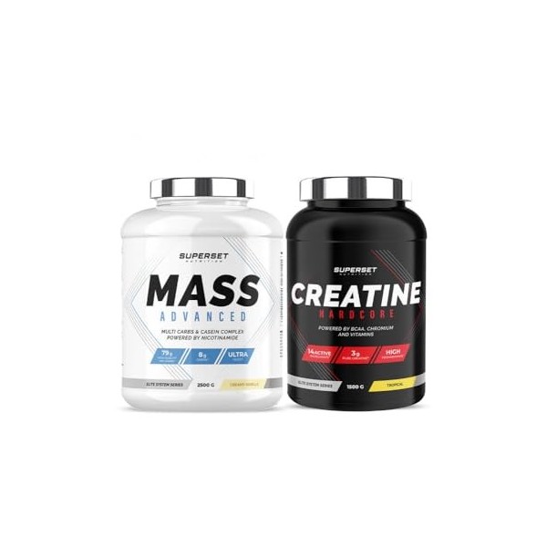 Superset Nutrition | Programme Prise De Masse Avancé - Mass Advanced 2,5kg Vanille Crémeuse - Créatine Hardcore 1,5 Kg Tropic