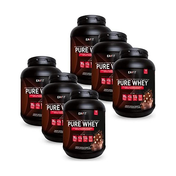 EAFIT Pure Whey - Chocolat Noisette 750 g - FORMAT ECO 6 POTS 4,5kg - Croissance Musculaire - Protéines de Whey - Assimilatio