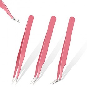 Set de 3 Pinces à Épiler d’Extensions de Cils Rose Brucelles à Pointes Droites et Courbes en Acier Inoxydable Pince à Cils en