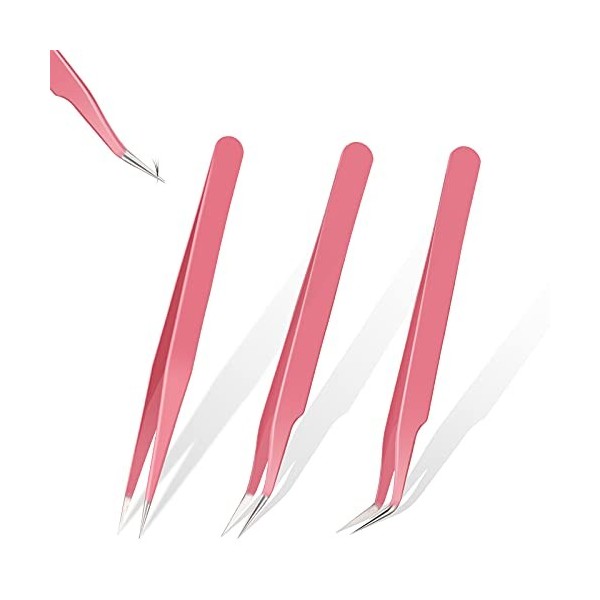 Set de 3 Pinces à Épiler d’Extensions de Cils Rose Brucelles à Pointes Droites et Courbes en Acier Inoxydable Pince à Cils en