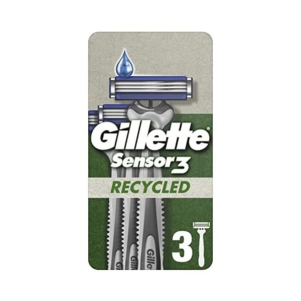 Gillette Sensor3 Recycled, Rasoirs Jetables Pour Homme, Lot De 3 Rasoirs Jetables