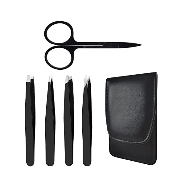 Set de Pince à Epiler pour Les Sourcils,Fine Point,Slant,Droit,Coudée Pointues,Petits Ciseaux,Set de 5 Pièces pour Enlèvement