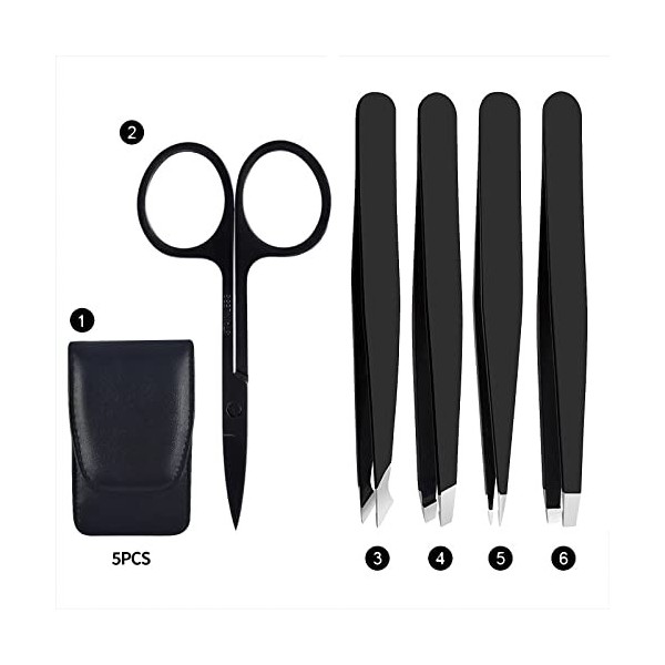 Set de Pince à Epiler pour Les Sourcils,Fine Point,Slant,Droit,Coudée Pointues,Petits Ciseaux,Set de 5 Pièces pour Enlèvement