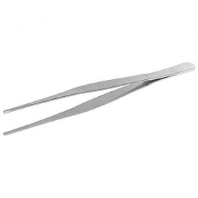 Pince à épiler en acier inoxydable de 20 cm de long, avec denture intérieure et surface de préhension rainurée.