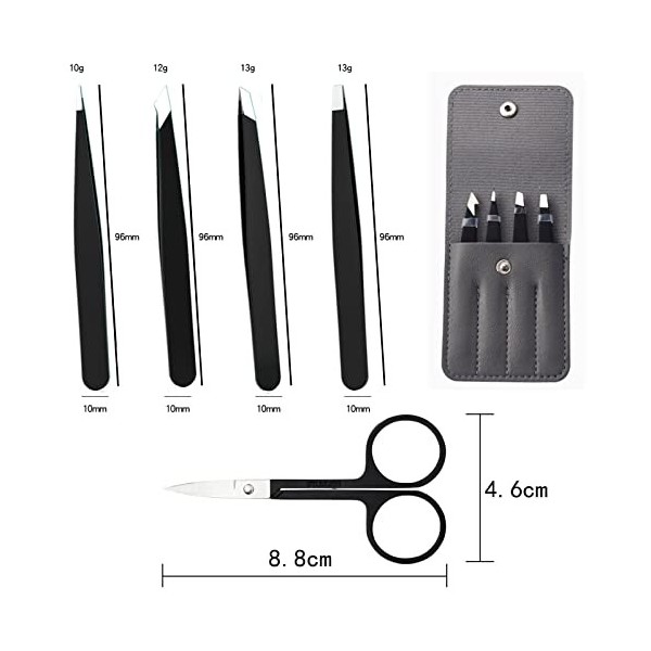 Lot de 5 pinces à épiler professionnelles avec ciseaux, Pince à épiler les sourcils Pointe améliorée, pour homme et femme, av