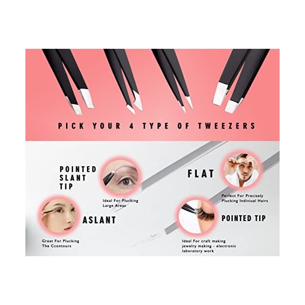 Lot de 4 pinces à épiler pour sourcils - En acier inoxydable - Épilation des sourcils - Épilateur de visage - Noir