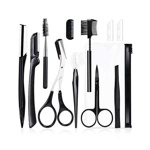 VOANZO Kit de toilettage pour sourcils 11 pièces - Kit de rasoir pour femme et homme - Avec brosse à sourcils, ciseaux à sour