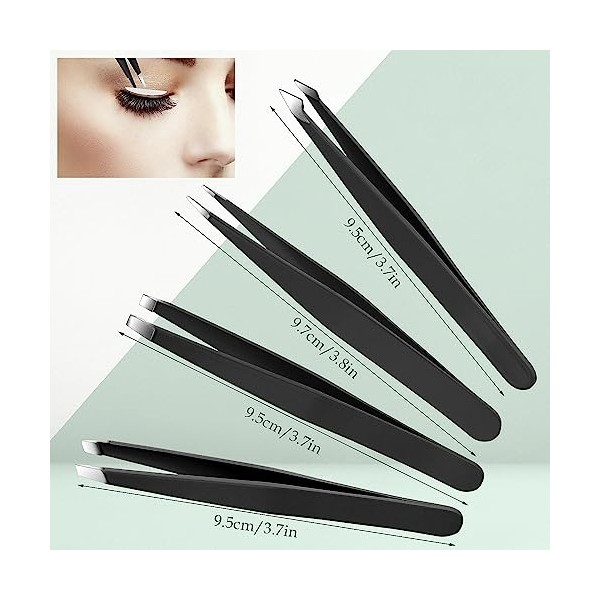 Lot de 4 pinces à épiler en acier inoxydable pour femme - Pince à épiler professionnelle de précision pour sourcils, poils du